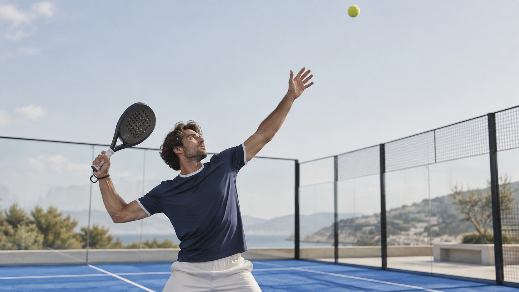 Padel player mid-smash on a blue court, wearing a navy XCUATRO shirt