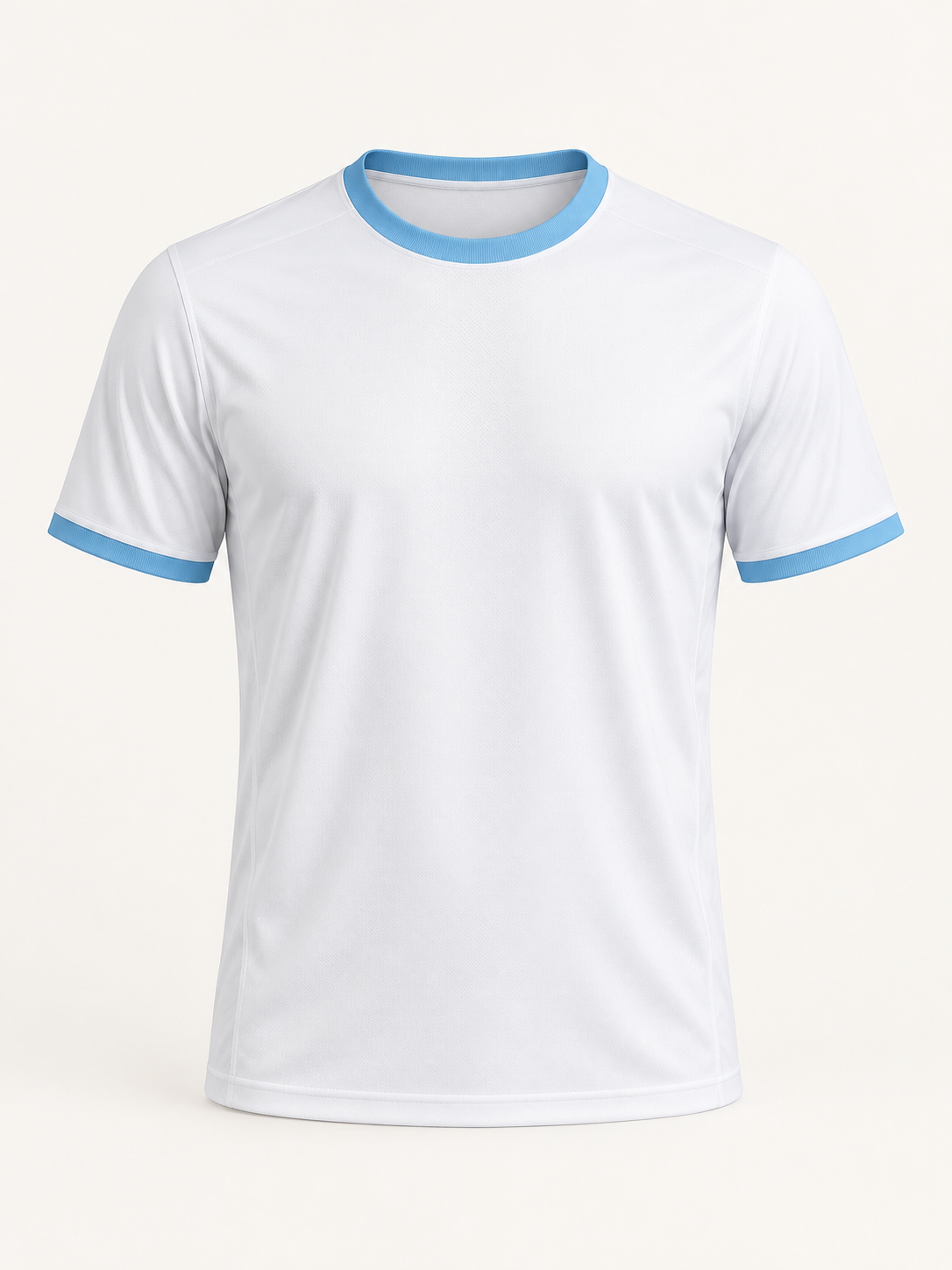 White XCUATRO performance shirt with celeste trim