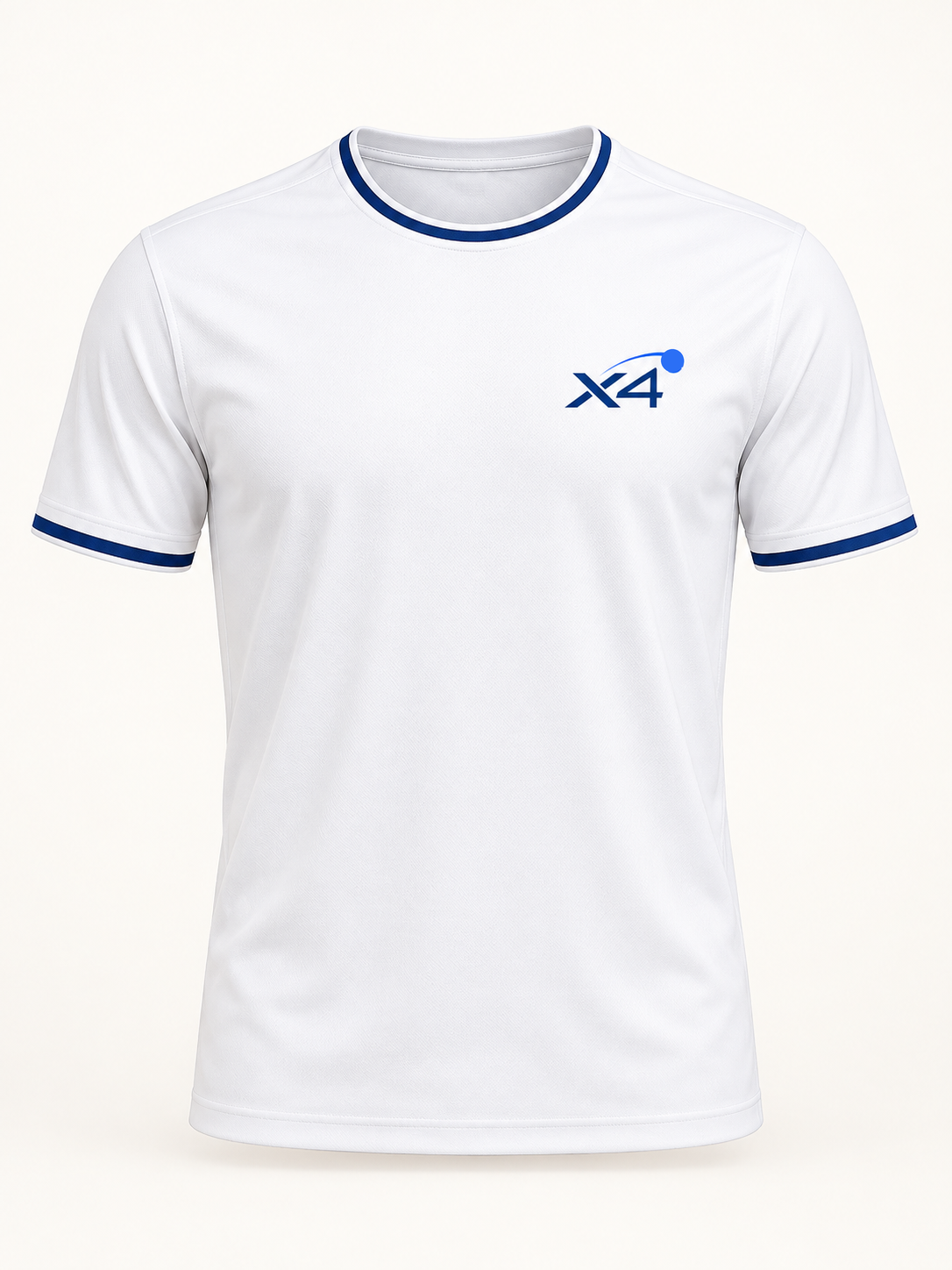 White XCUATRO performance shirt with navy trim and X4 chest badge